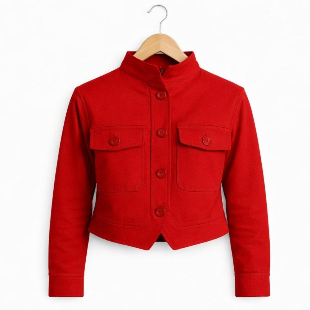 Signature Red Wool Cropped Jacket Button Front Utility Military Style JacketSz 8